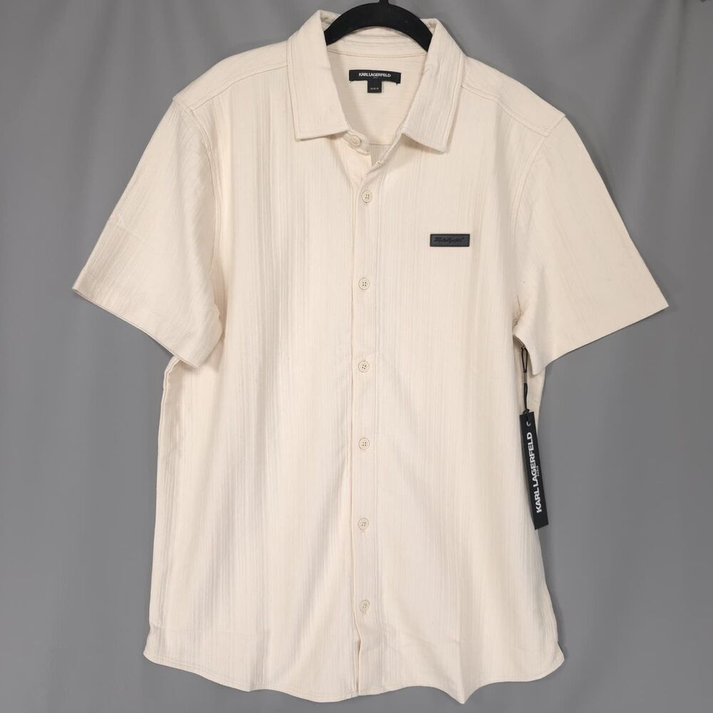KARL LAGERFELD PARIS Men's New Casual Shirt MEDIUM Natural Textured Short Sleeve